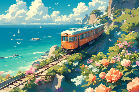 白色火车沿着海岸线驶过插画