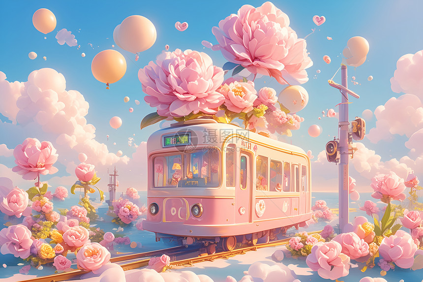 花朵间的火车图片