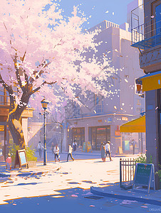 排版花边城市里的樱花插画