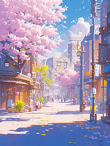 樱花街景春日繁华的街景插画