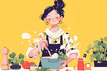 烹饪锅厨房里的女孩插画