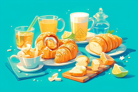 面包提子橙子与各种饮料搭配的可颂面包插画