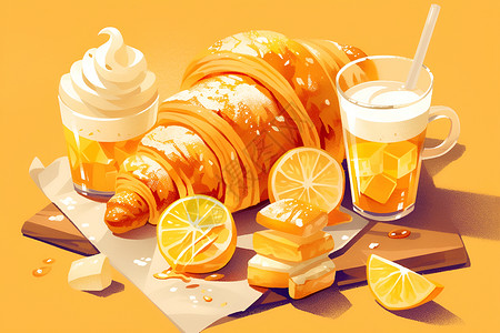 橙子饮品牛角面包配各种饮品插画