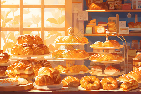 面包店橱窗阳光照耀下的面包房插画