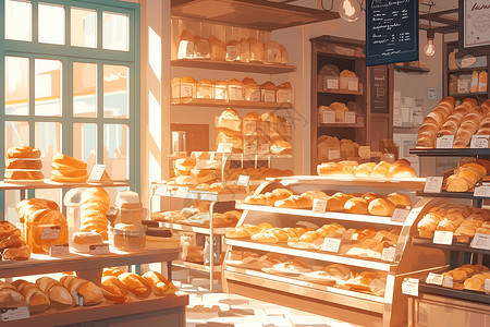面包店内景阳光下的烘焙坊插画