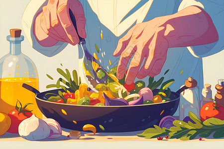 牛排蔬菜锅正在烹饪的厨师插画