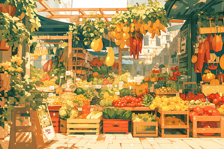 蔬果货架店铺里的蔬果插画
