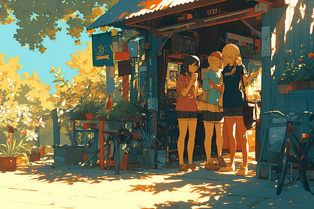 小卖铺前的三女子背景图片
