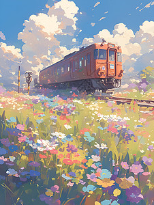 列车穿行于花田背景图片