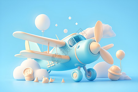 卡通飞行器蓝天白云中的蜜蜂玩具飞机插画