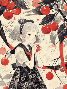 樱桃果树少女与樱果树插画