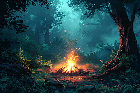 森林篝火神秘森林之火插画