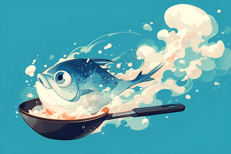 地锅鱼锅中的鱼插画
