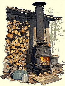 堆柴火一台老式的炉灶插画
