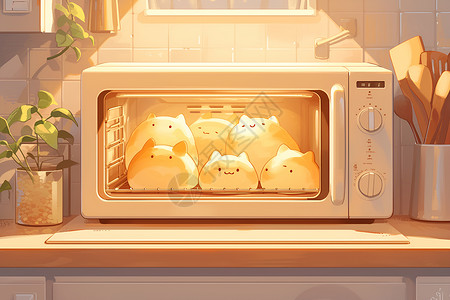厨房微波炉烤箱里的糕点插画