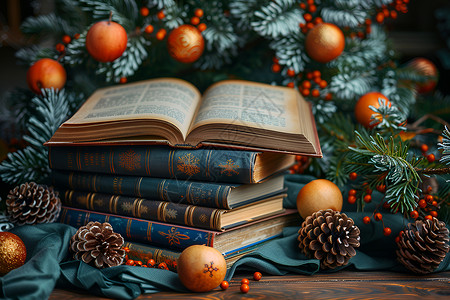 圣诞树旁的书籍背景图片