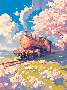 樱花下的火车背景图片