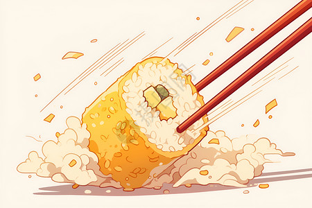 墨鱼卷筷子夹着米饭卷插画