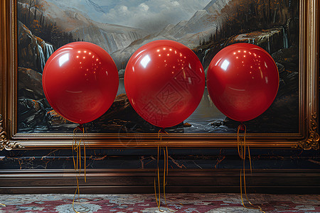 浮动的红色气球在壁画前背景图片