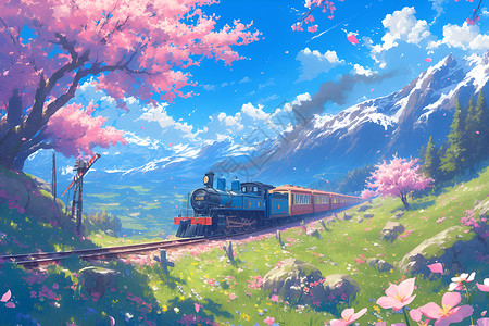 火车隧道樱花草原上的列车插画