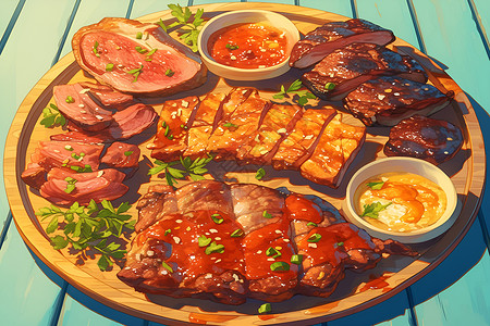 美味烧烤盛宴现代烧烤餐厅氛围的油画插画