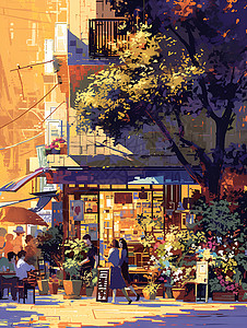 咖啡馆外的顾客插画背景图片