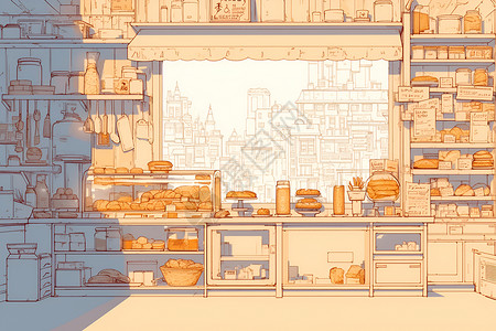 面包店食物面包店铺内的面包插画