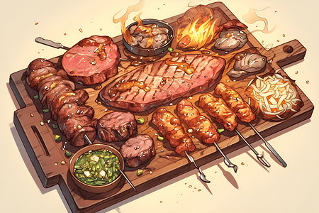 乡村美食烤肉的乡村魅力插画