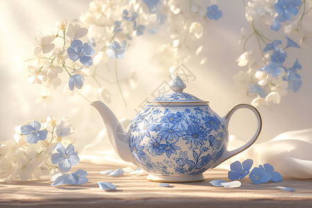 可爱蓝白瓷餐具木桌上的蓝白瓷茶壶插画