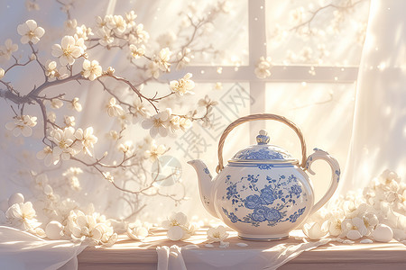 白瓷茶壶与木桌插画