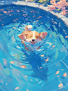 户外泳池小狗闭着眼睛在泳池游泳插画