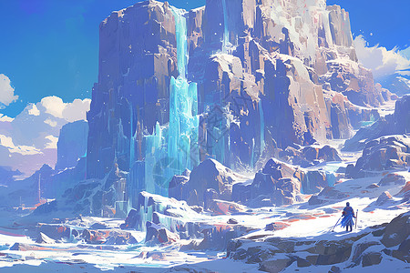 色彩瀑布仙境中的冰瀑布插画