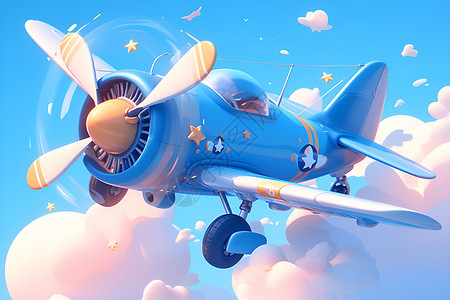 卡通飞行飞向蓝天的飞机插画