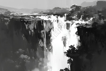 黑白瀑布中国水墨画高清图片