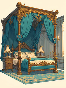 床头装饰复古的木质大床插画