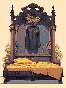床头装饰卧室中的复古大床插画