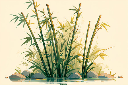 中国风水池竹子池塘边的竹子插画