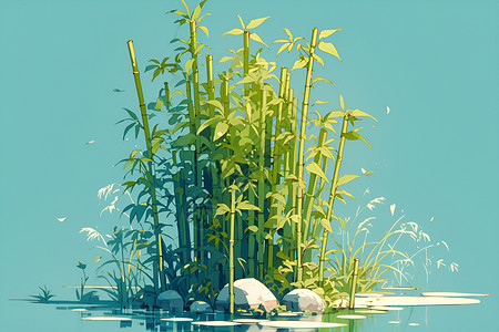 中国风水池竹子竹林池塘插画