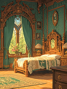 卧室美式美式乡村风格的木床插画
