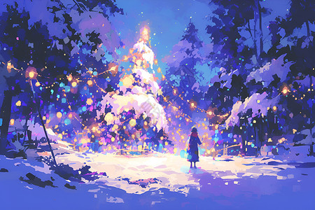 彩灯树冰雪树林里的圣诞树插画