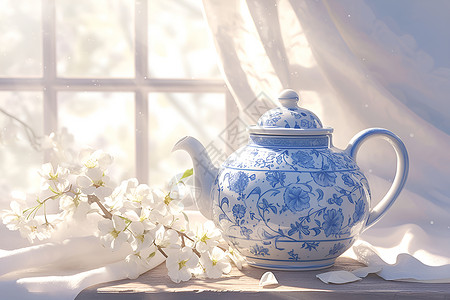 复古陶瓷咖啡壶蓝白相间的茶壶插画