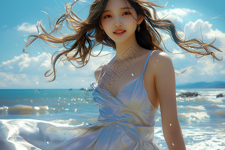 梦幻海岸白衣少女背景图片