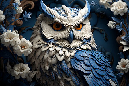 陶瓷手工蓝白猫头鹰与花环插画