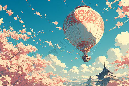 樱花树下的热气球背景图片