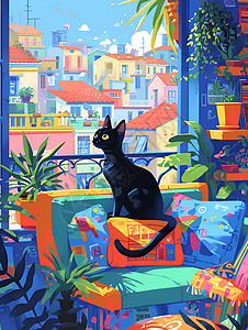 黑猫与忘向城市背景图片