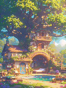 树上的奇幻房屋背景图片