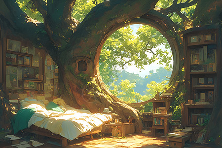 童话船超现实童话树屋梦幻之家插画