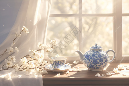 蓝白茶壶背景图片