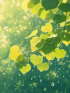 绿叶点缀雨水点缀青翠树叶插画