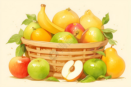 青苹果味果篮中的香蕉插画